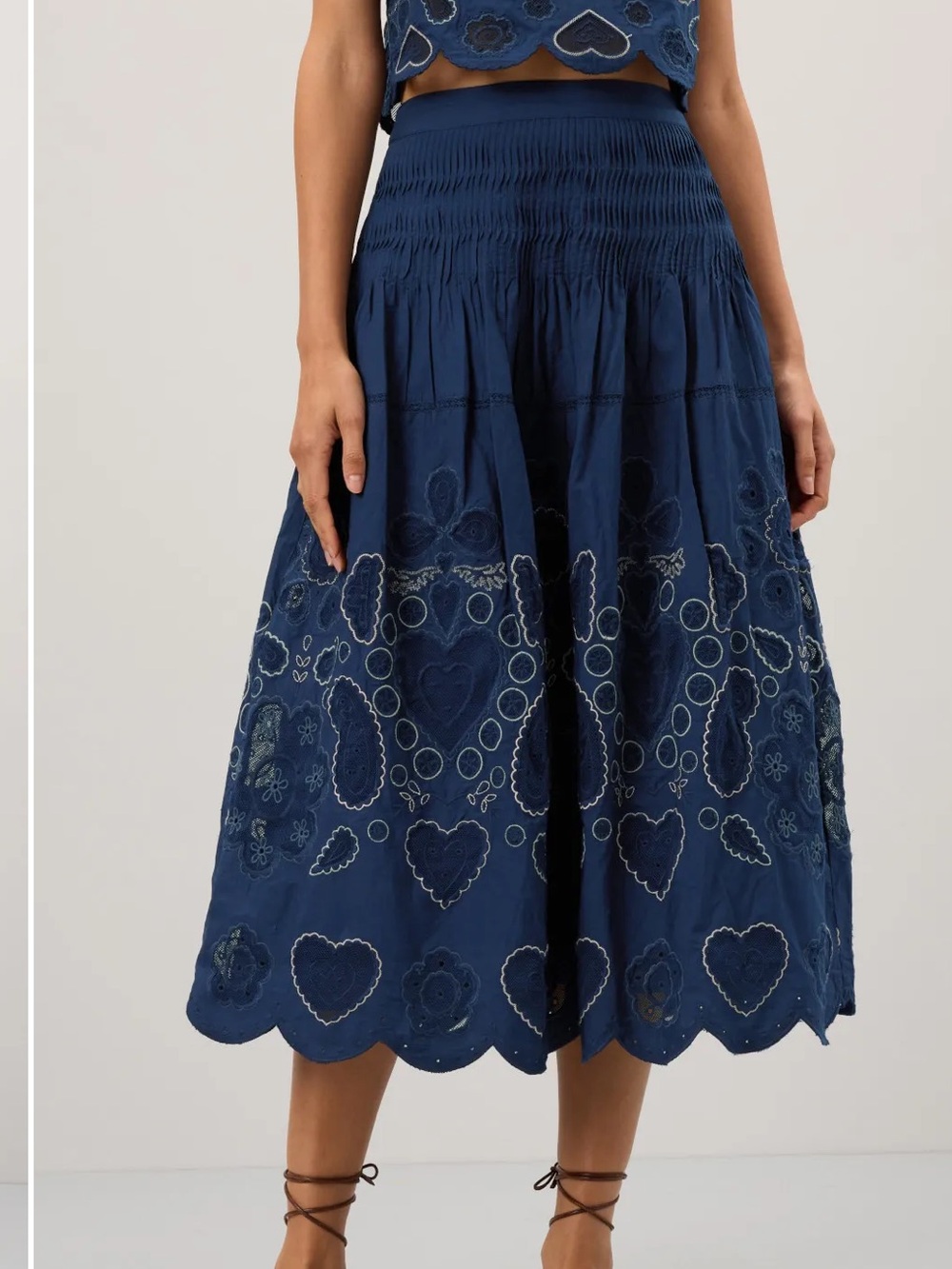 Sea New York Jeanetta Navy Blue Eyelet Cotton Midi Skirt